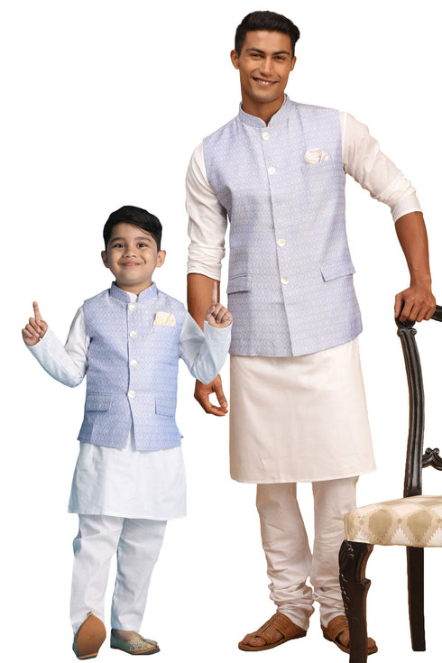 VASTRAMAY Lavender Woven Jacket With White Kurta and Pyjama Baap Beta Set